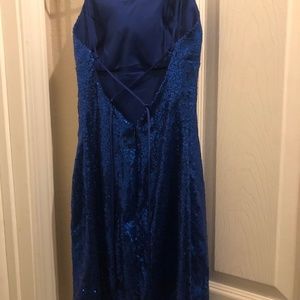 Royal blue body-con sequined dress with criss-cross strappy back